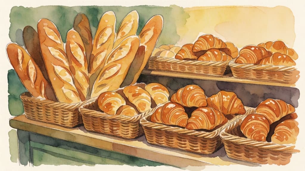Watercolor bread in a bakery