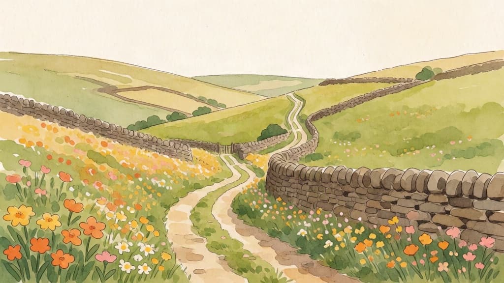 Watercolor of a winding path through quiet countryside