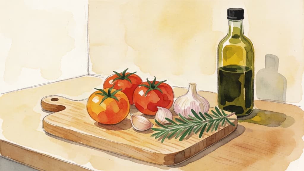 Watercolor of tomatoes and herbs in a kitchen