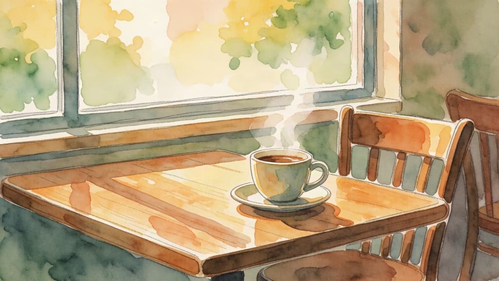 Watercolor of coffee on a sunlit cafe table